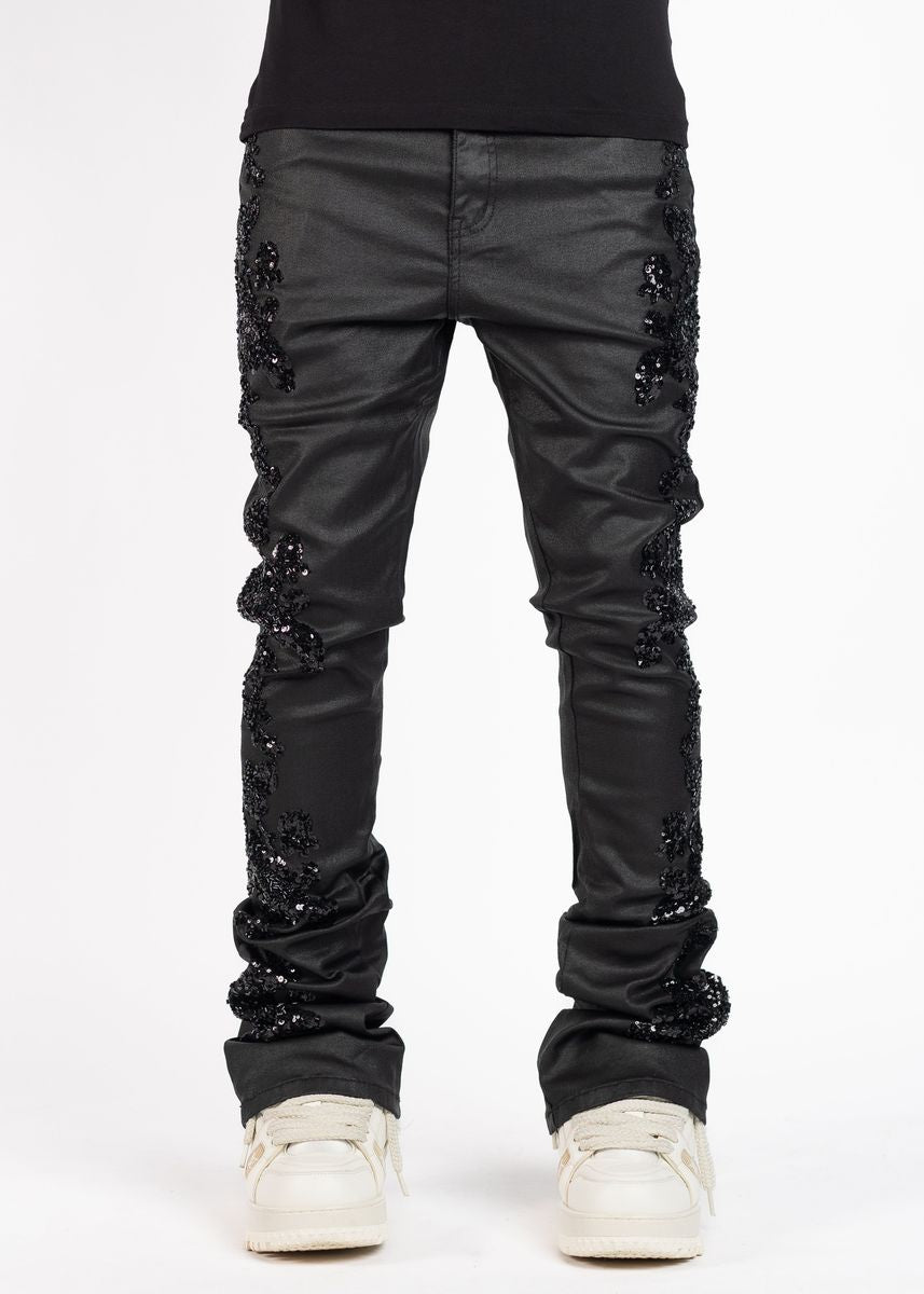 GUPAI All Black Flowers Embellished Denim