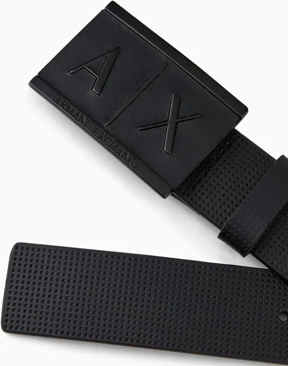ARMANI EXCHANGE BLACK LEATHER BELT WITH RECTANGULAR BUCKLE