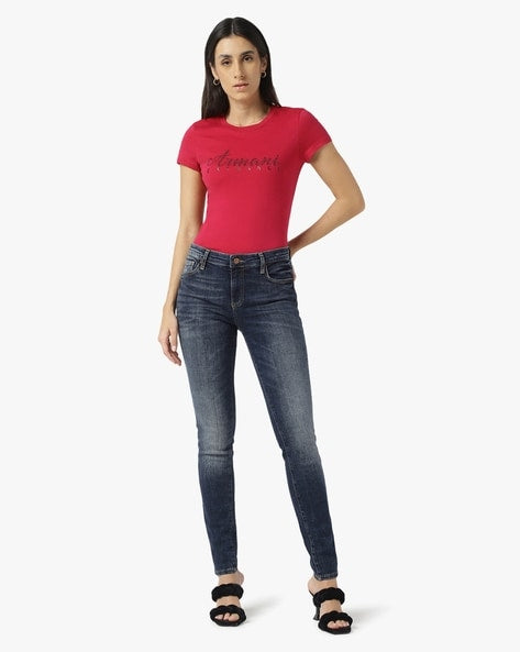Armani Exchange women red , black stud Tshirt