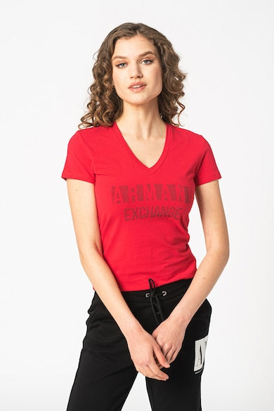 Armani Exchange women red black rhinestones tshirt