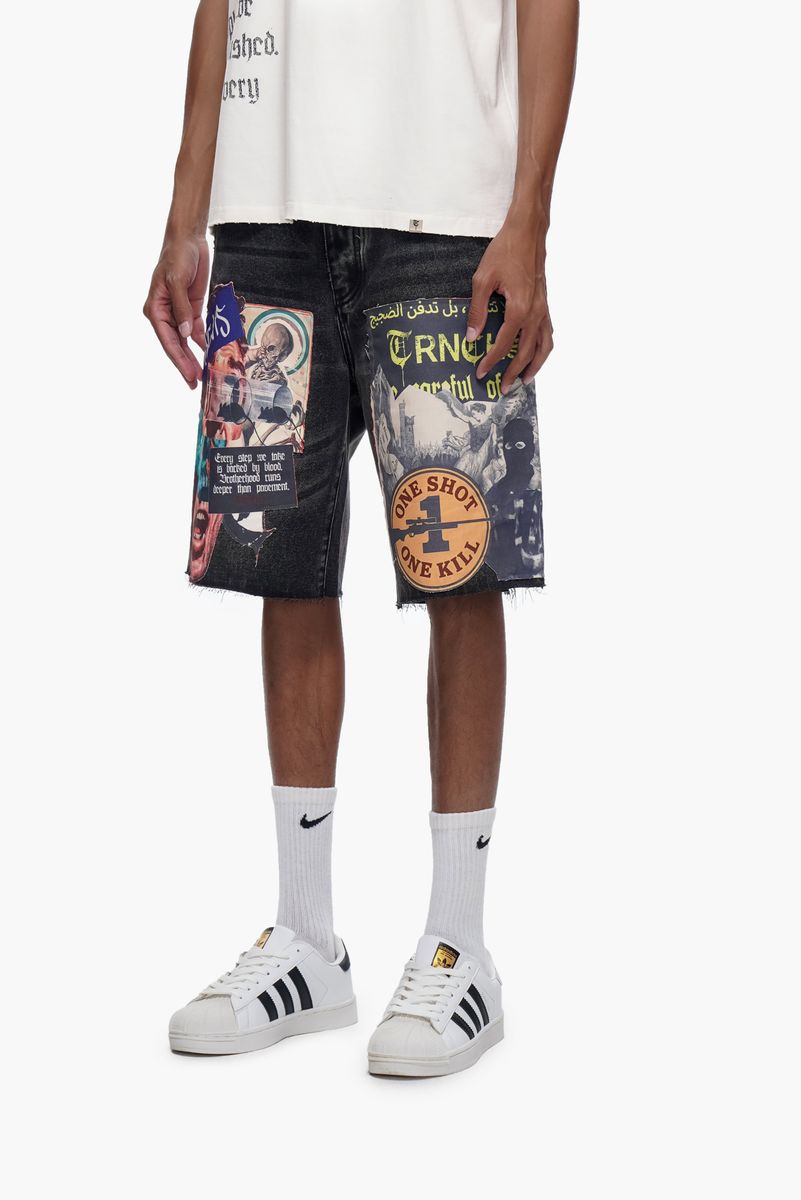 Trnchs collage black wash denim shorts