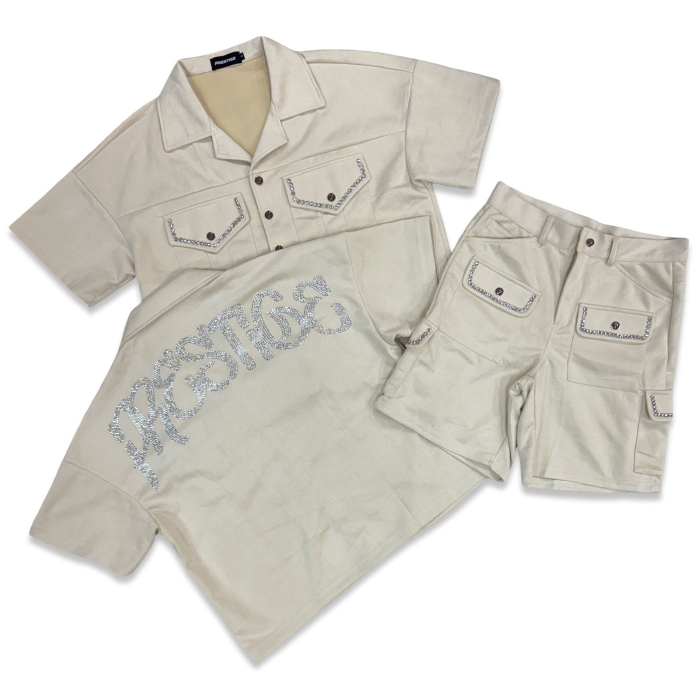 prestige cream rhinestone short set