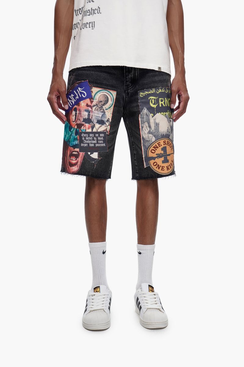 Trnchs collage black wash denim shorts