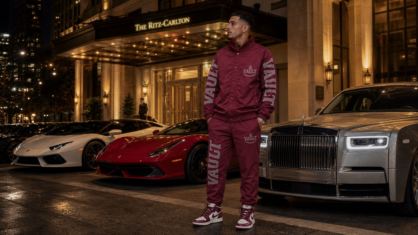 VAULT Crystal Flame Rhinestone Jacket & Track Pants Set Burgundy