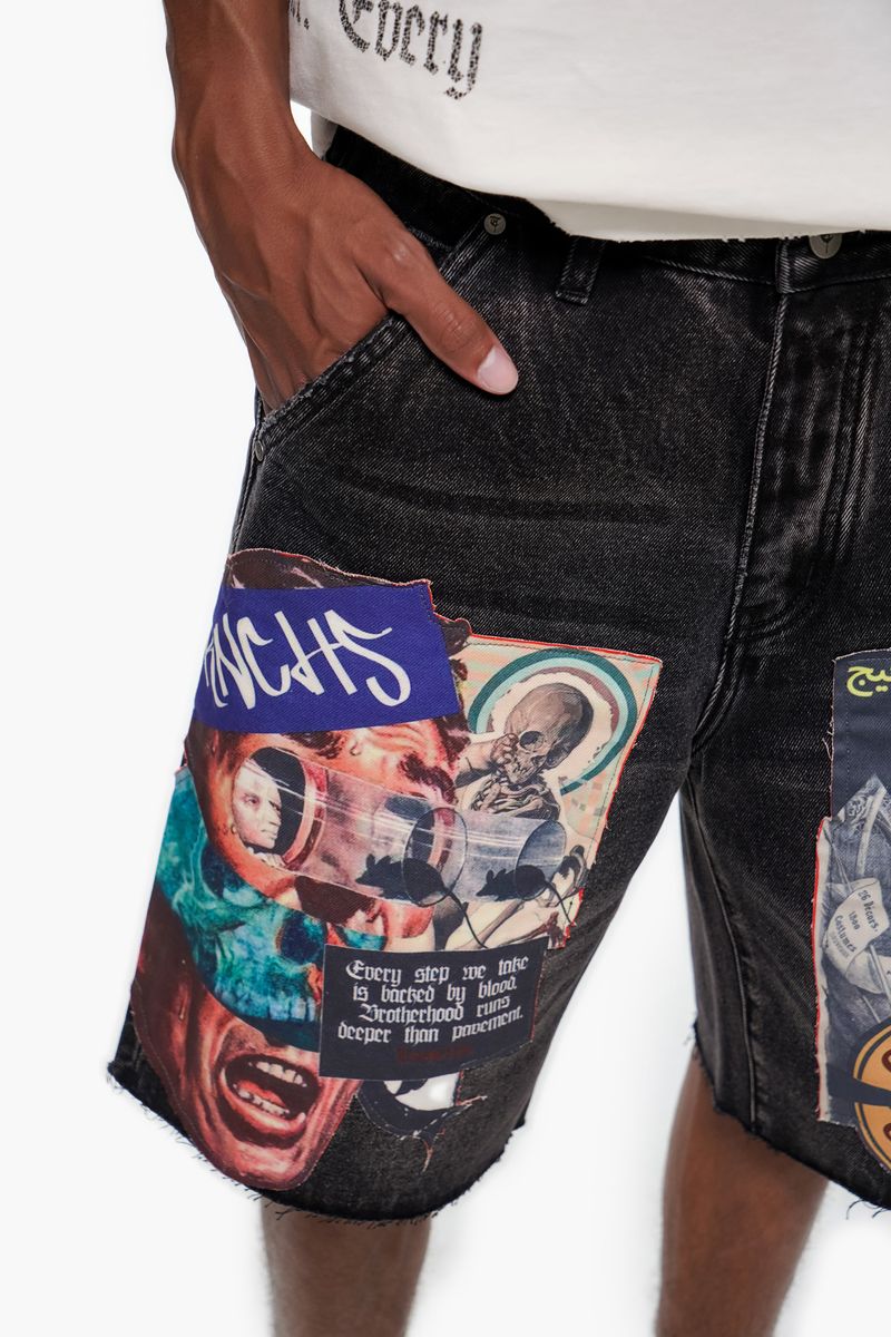 Trnchs collage black wash denim shorts