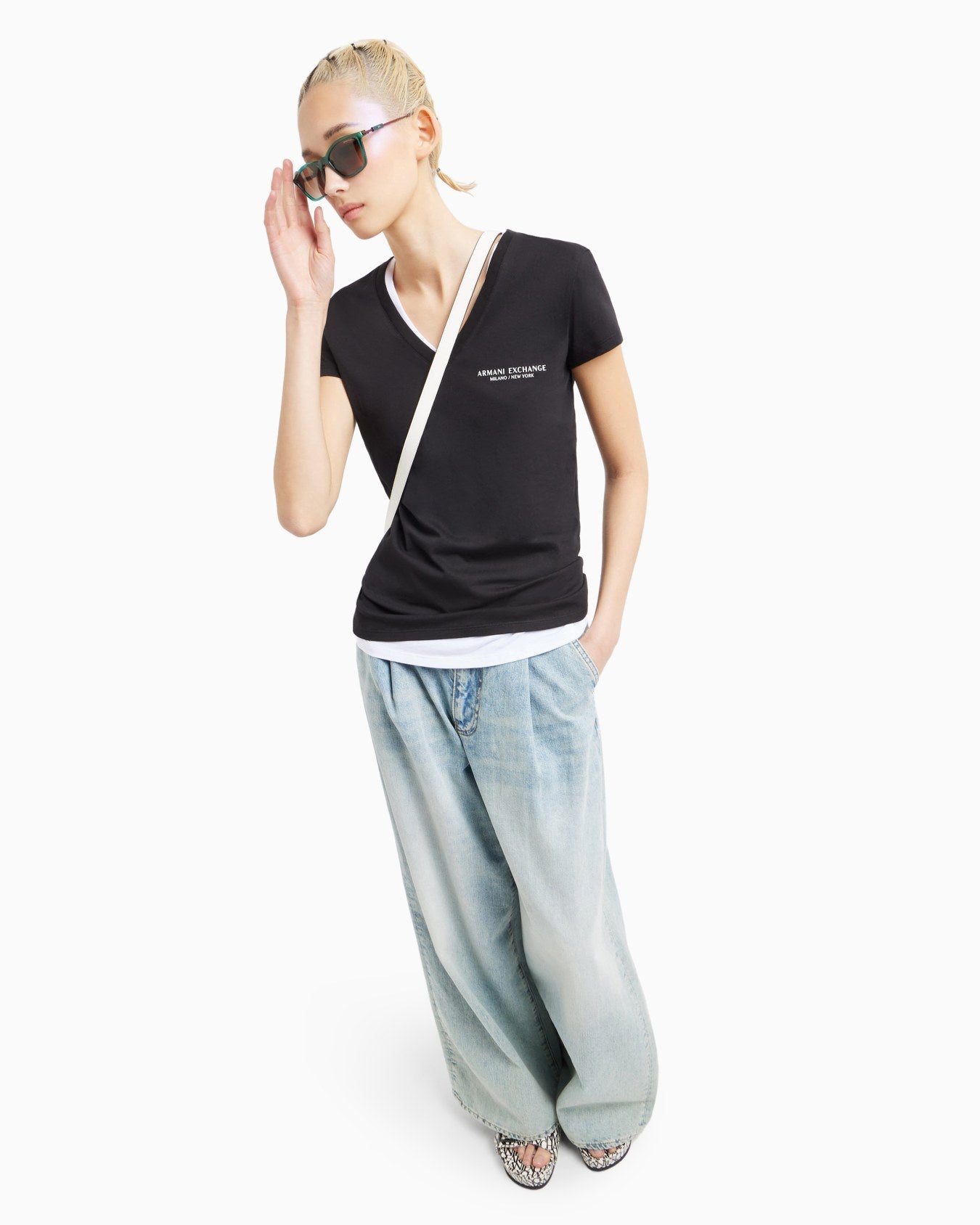 Armani Exchange Women Black V-NECK Tshirt