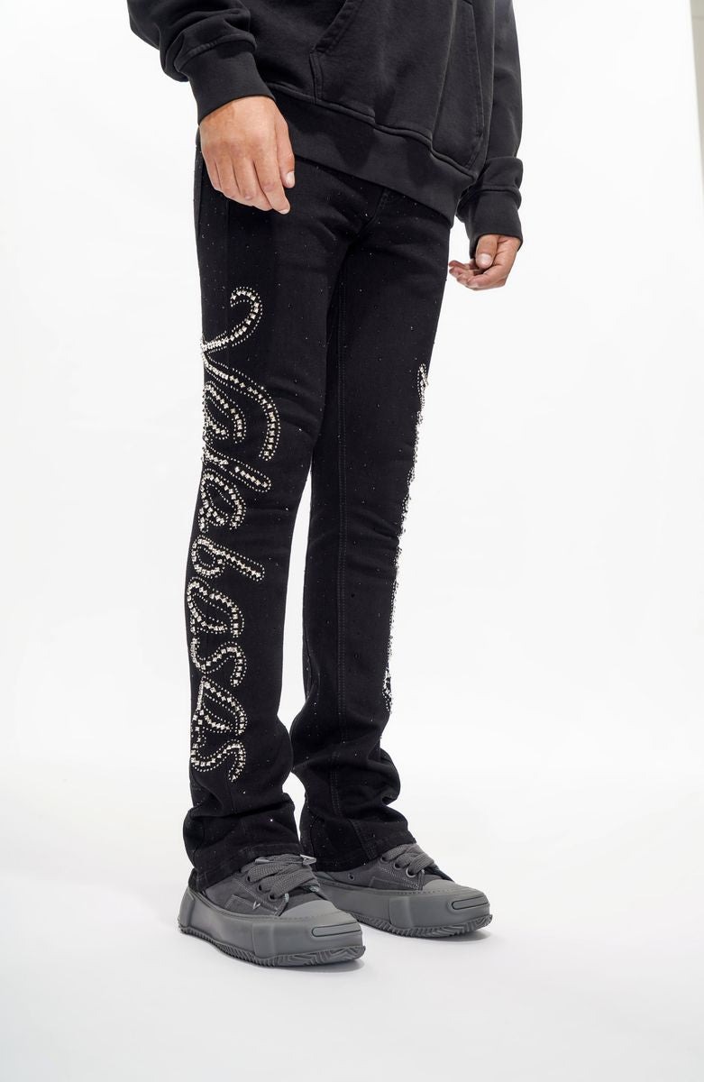 VALABASAS
LATTICE BLACK STACKED FLARE JEAN