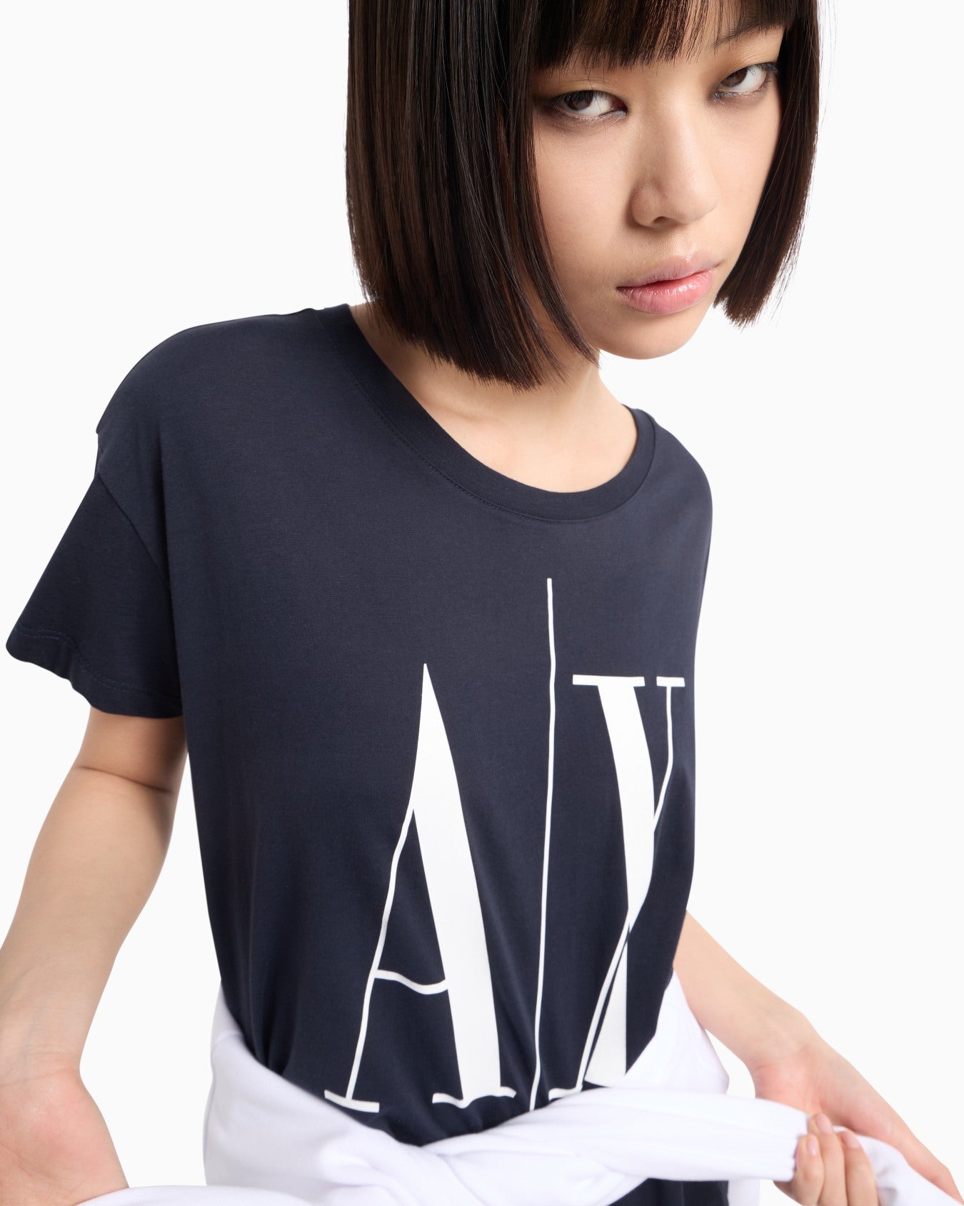 Armani Exchange women Navy White RELAXED FIT T-SHIRT WITH ROUND NECK AND LOGO