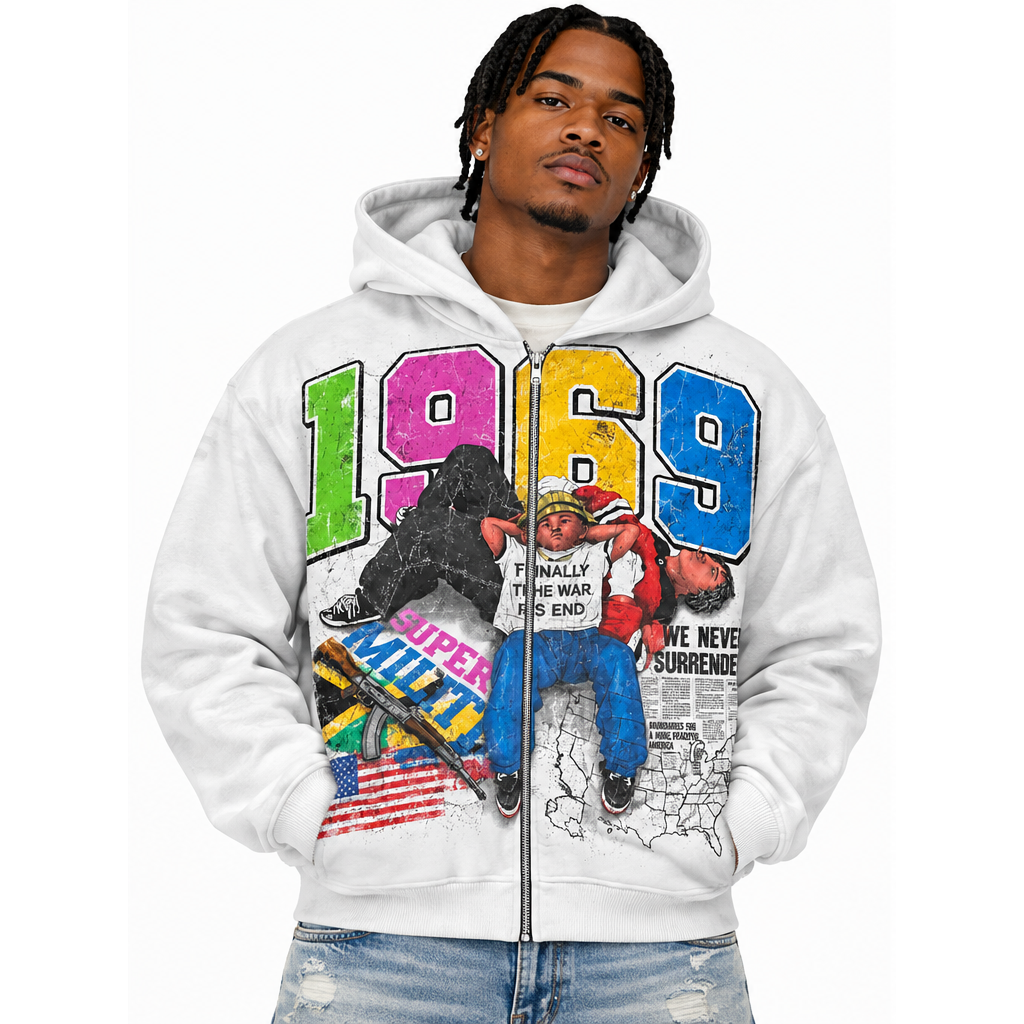Prestige 1969 Graphic Zip-Up Hoodie – White