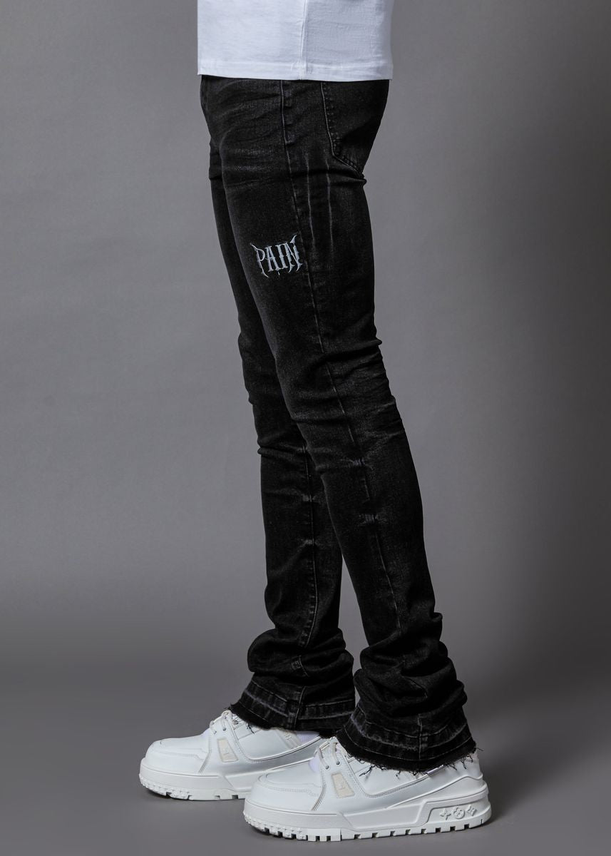 pain washed black stacked denim