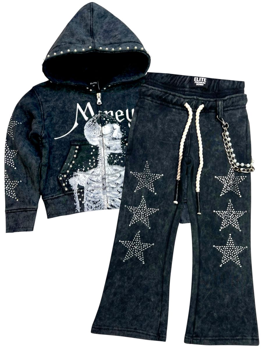 elite – black skull rhinestone pearls premium kids fleece set