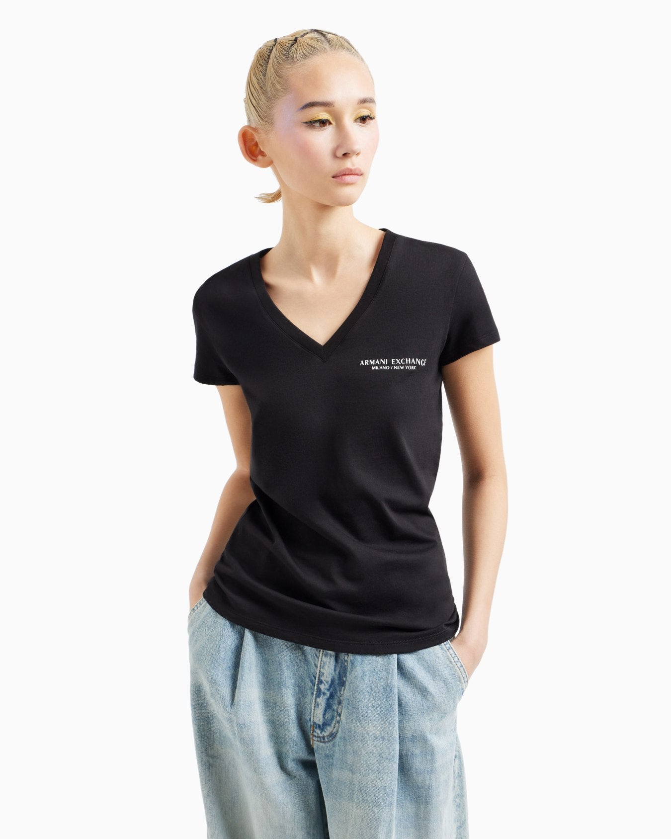 Armani Exchange Women Black V-NECK Tshirt