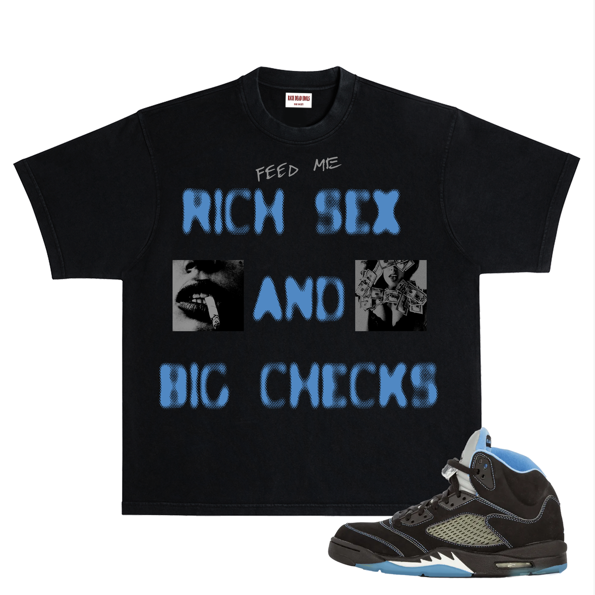 Rich Idols “Rich Sex and Big Checks” T-Shirt – Black and Blue