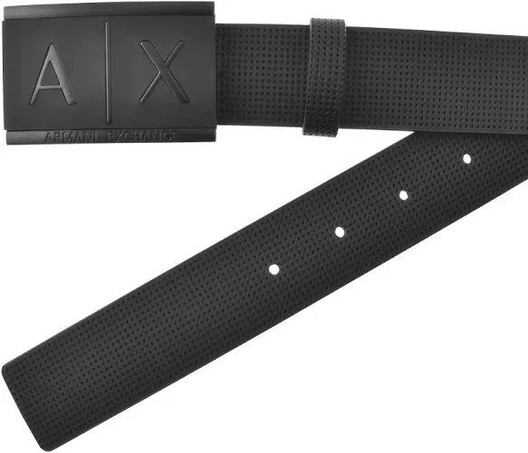 ARMANI EXCHANGE BLACK LEATHER BELT WITH RECTANGULAR BUCKLE