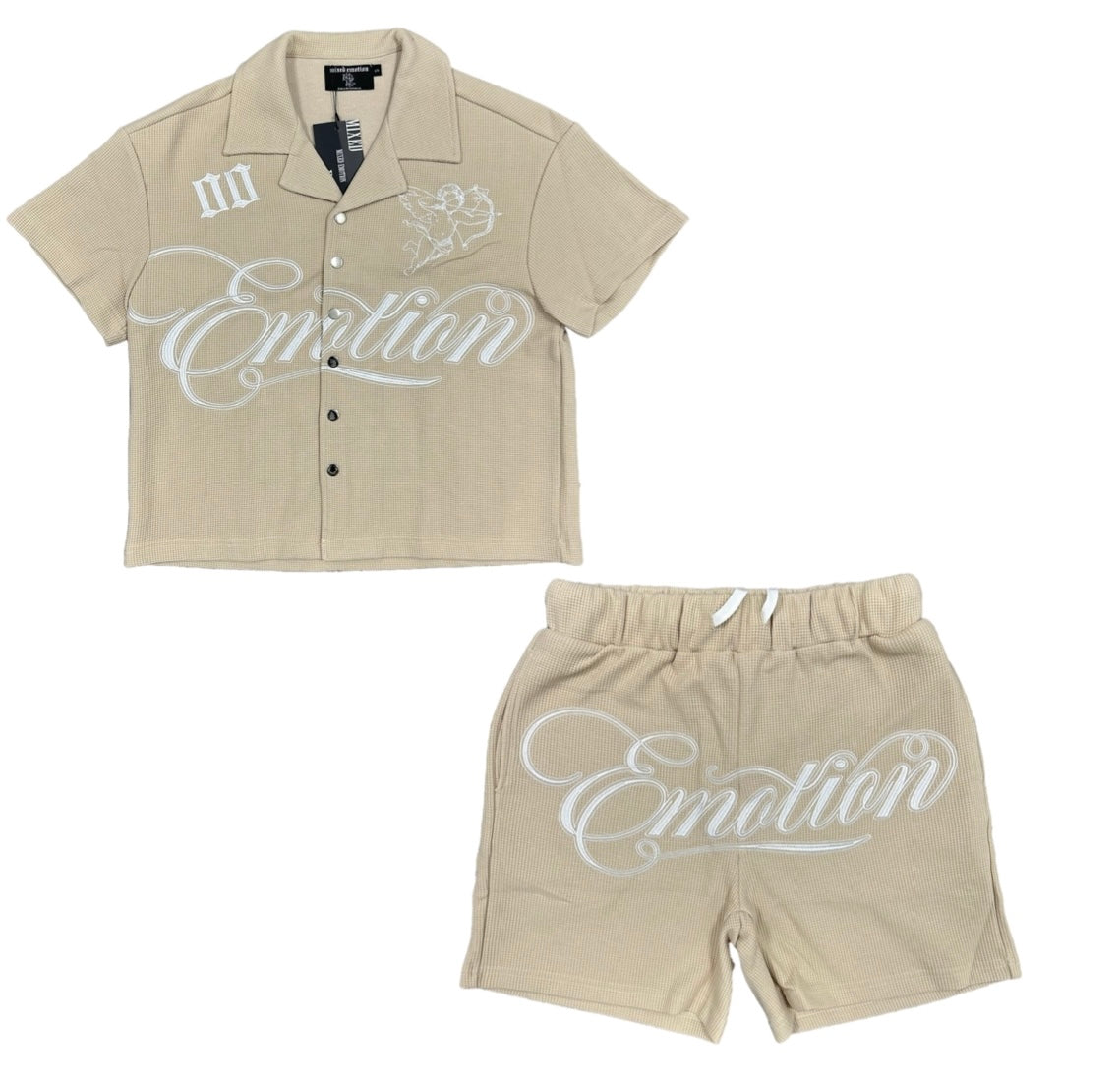 Mix emotion Cream Signature Button Up Short Set