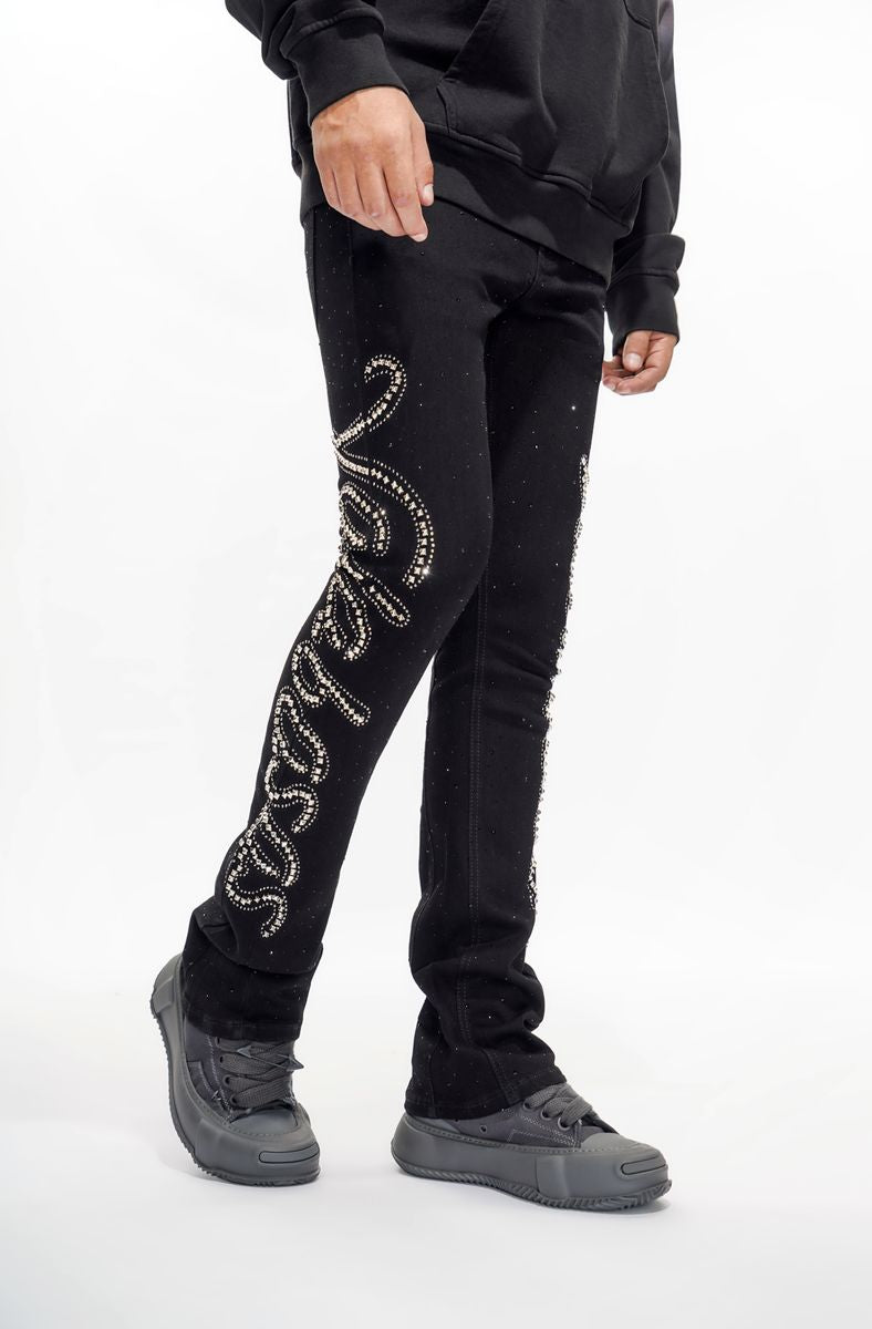 VALABASAS
LATTICE BLACK STACKED FLARE JEAN