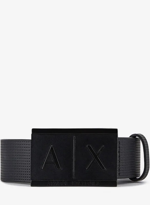 ARMANI EXCHANGE BLACK LEATHER BELT WITH RECTANGULAR BUCKLE