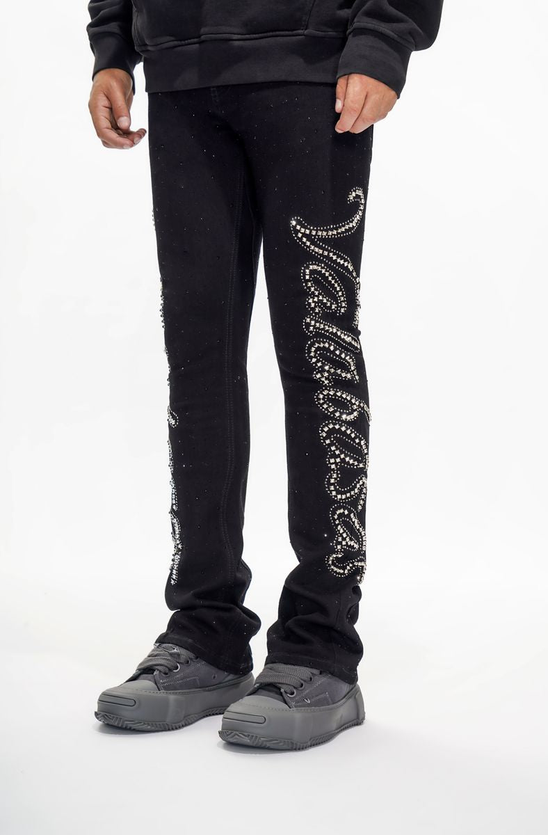 VALABASAS
LATTICE BLACK STACKED FLARE JEAN