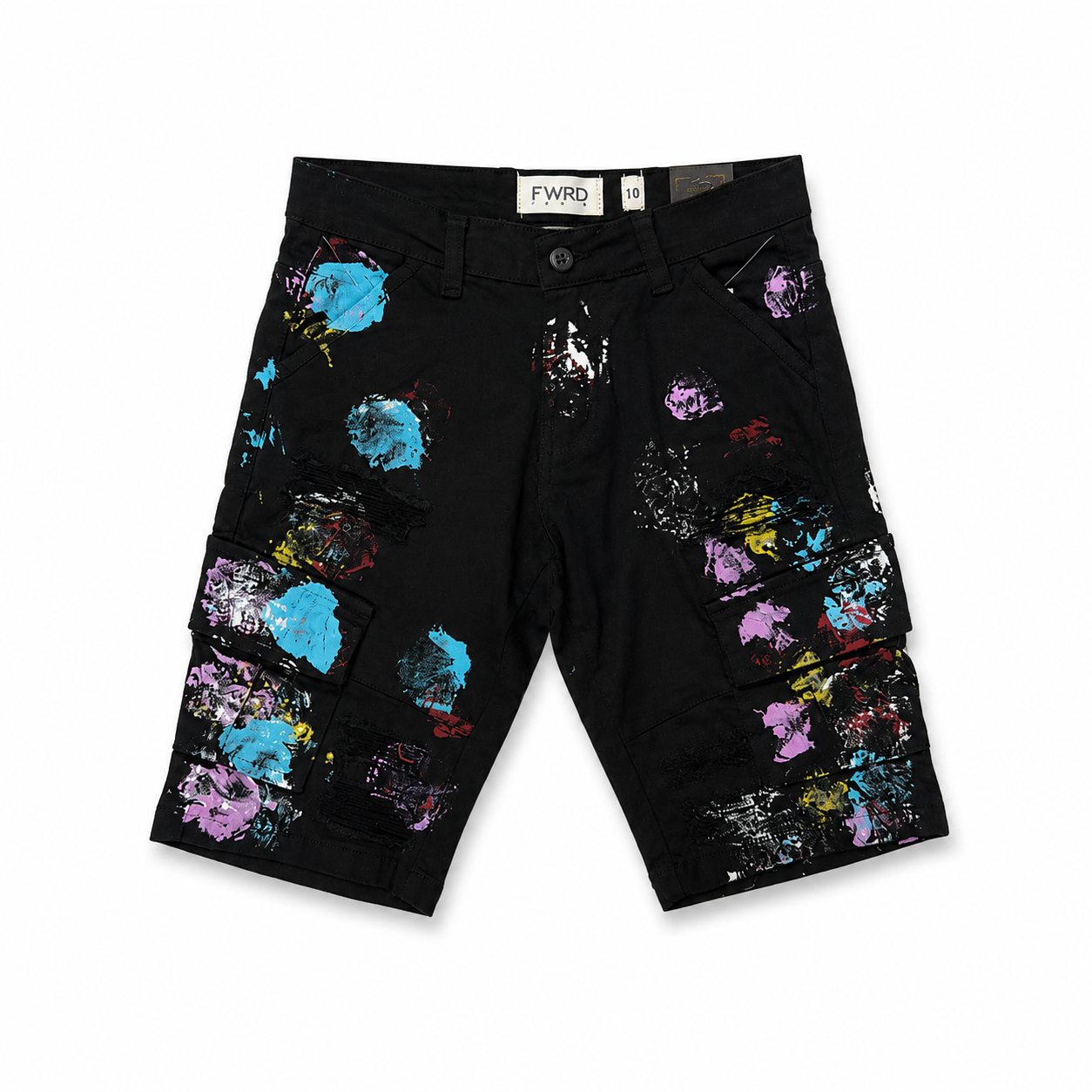 FWRD Denim Boys Paint Splatter Cargo Jean Shorts – Black Stretch Slim Fit