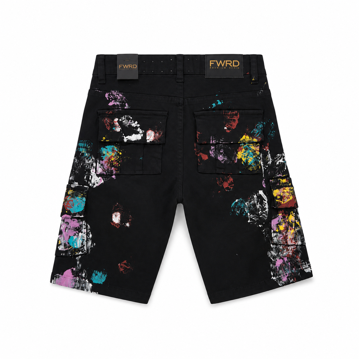 FWRD Denim Boys Paint Splatter Cargo Jean Shorts – Black Stretch Slim Fit