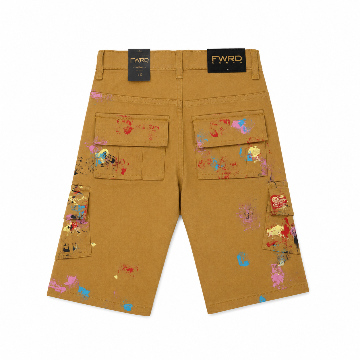 FWRD Denim Boys Khaki Paint Splatter Distressed Cargo Jean Shorts – Slim Fit Kids Designer Shorts