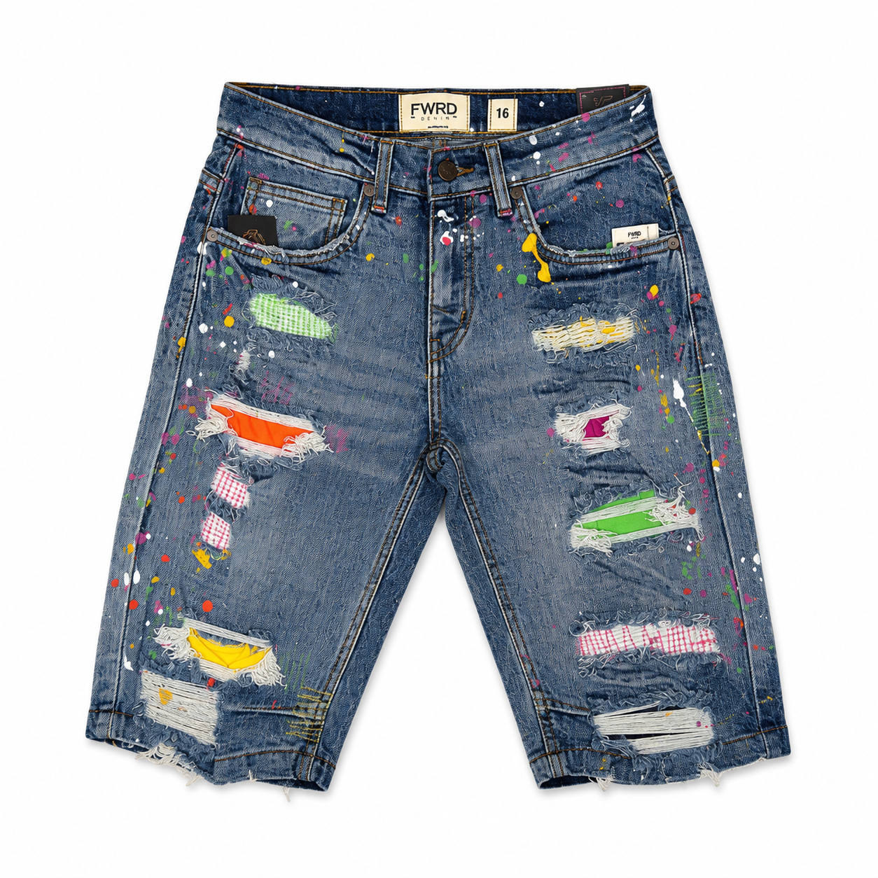 FWRD Denim Boys Distressed Stretch Denim Shorts – Blue Citrus Paint Splatter – Slim Fit – Kids
