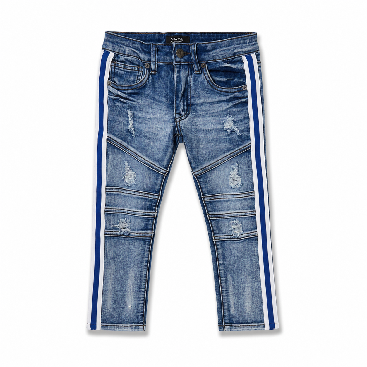 OPS Boys Slim Stretch Distressed Side Stripe Jeans – Medium Blue – Size 4