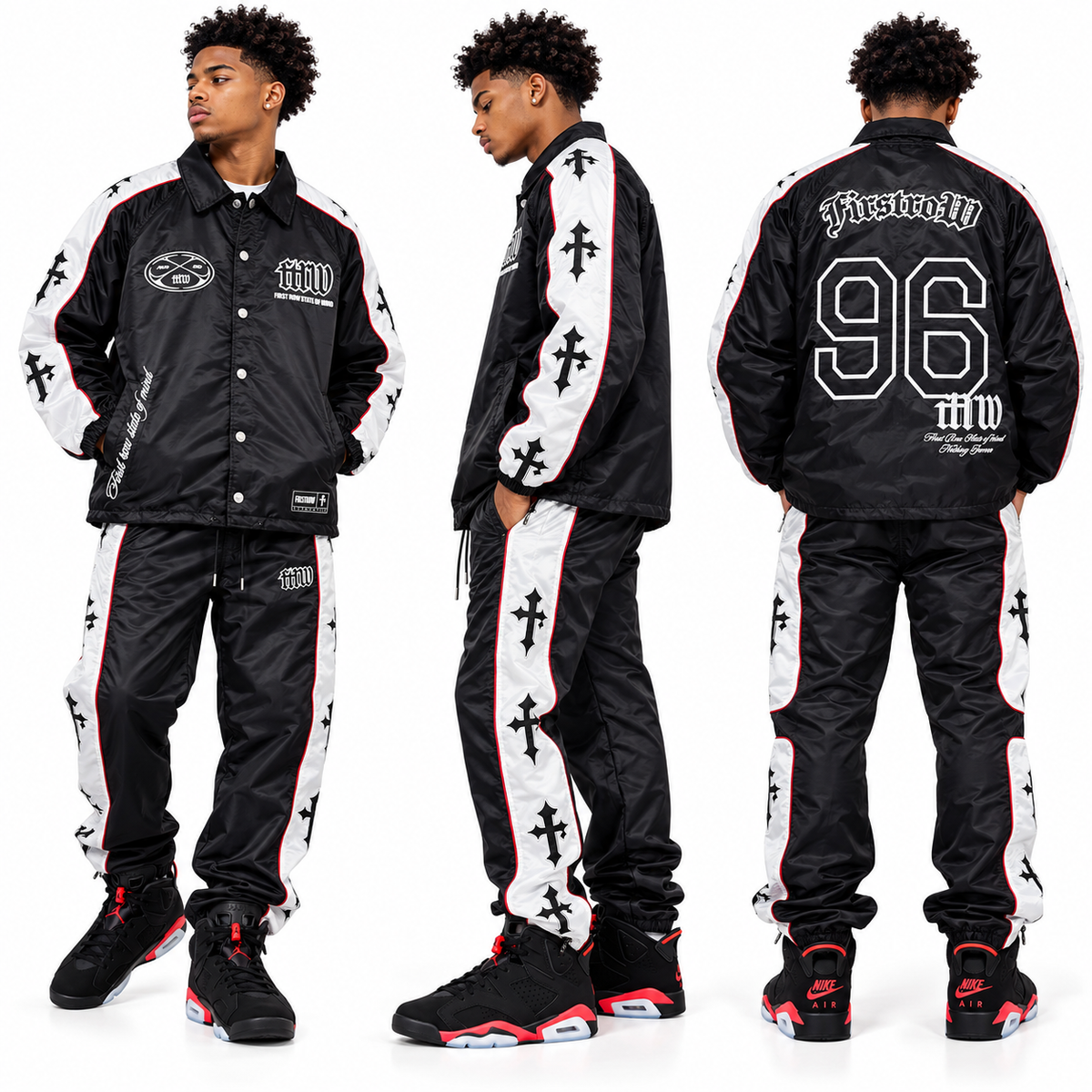 FIRST ROW DENIM STATE OF MIND RACER COACH JACKET TRACK PANTS SETS