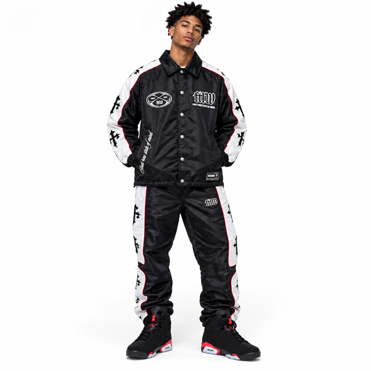 FIRST ROW DENIM STATE OF MIND RACER COACH JACKET TRACK PANTS SETS