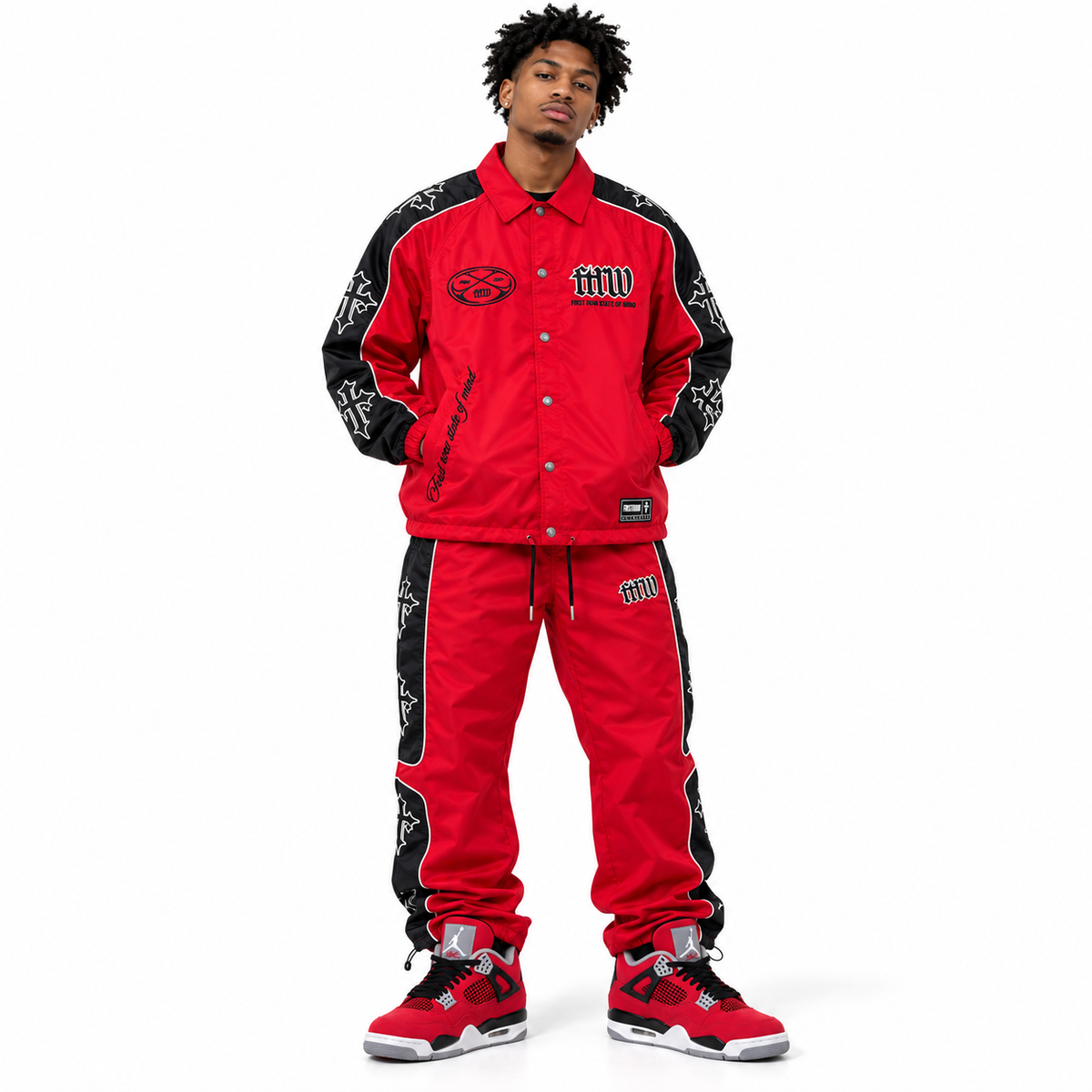 FIRST ROW DENIM STATE OF MIND CROSS COACH JACKET AND PANT SETS.
