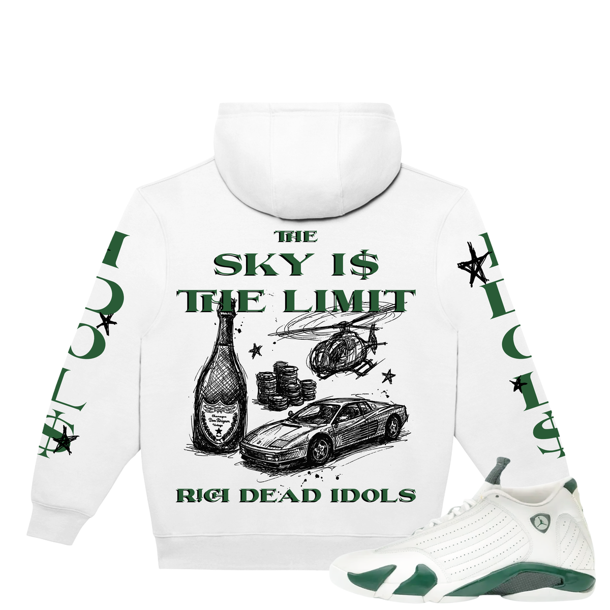 RICH DEAD IDOLS "THE SKY IS THE LIMIT" HOODIE WHITE AND GREEN
