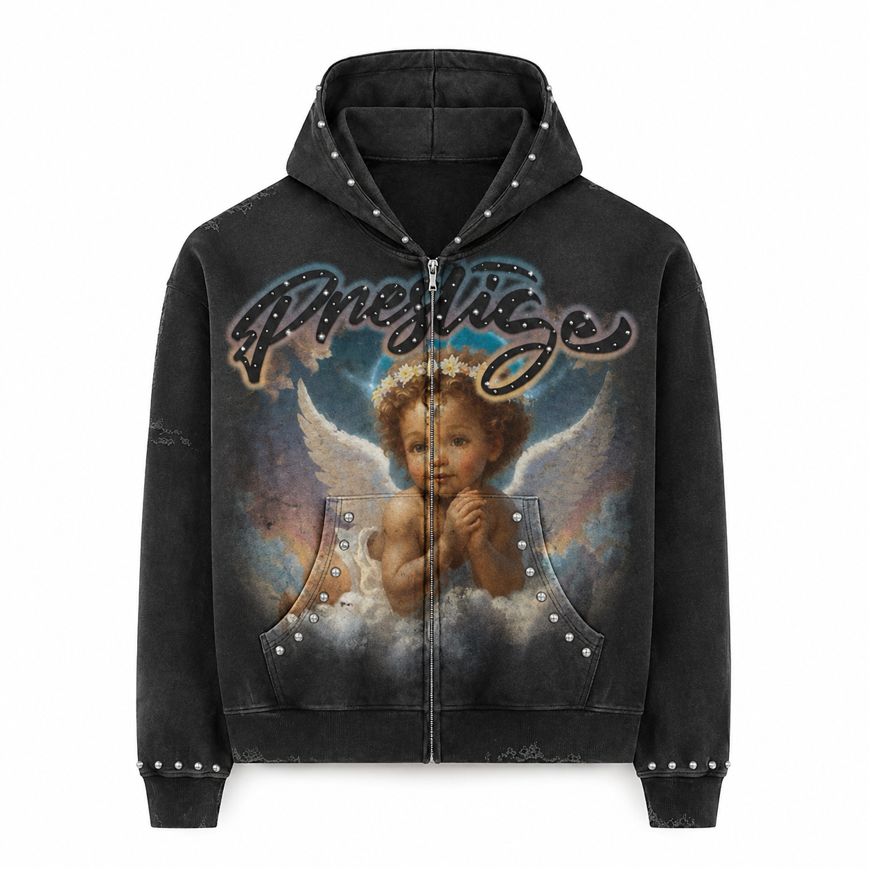 Prestige Vintage Angel Graphic Studded Zip-Up Hoodie – Washed Black
