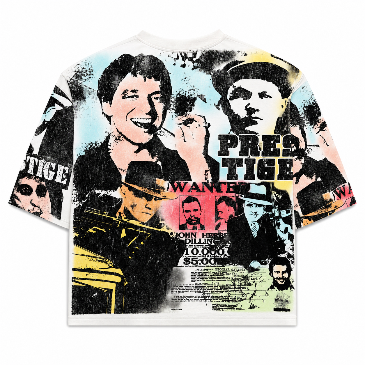 Prestige Vintage Crime Collage Graphic Oversized T-Shirt – White