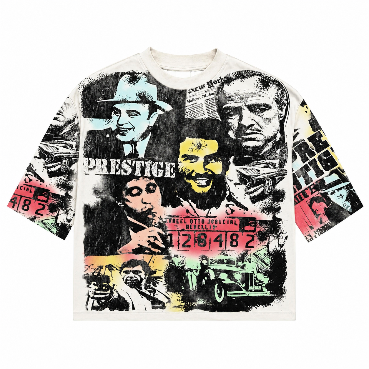 Prestige Vintage Crime Collage Graphic Oversized T-Shirt – White