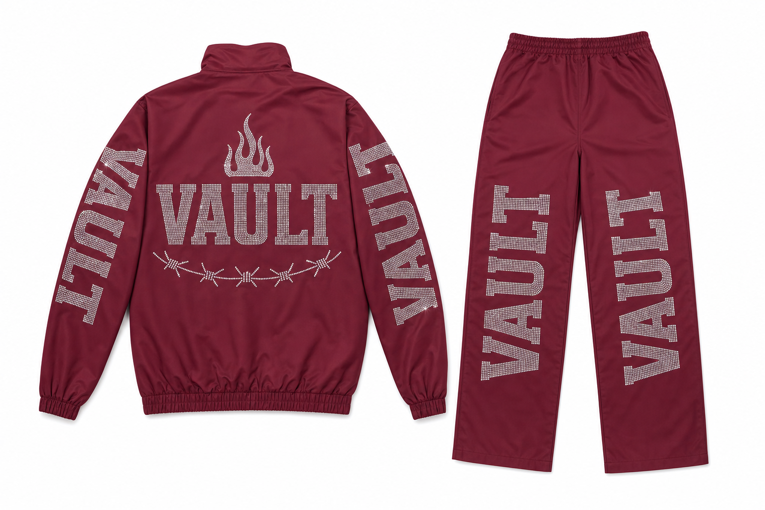 VAULT Crystal Flame Rhinestone Jacket & Track Pants Set Burgundy
