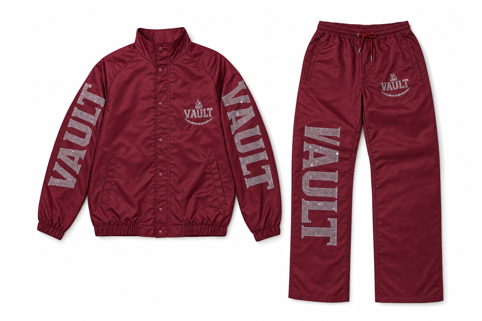 VAULT Crystal Flame Rhinestone Jacket & Track Pants Set Burgundy