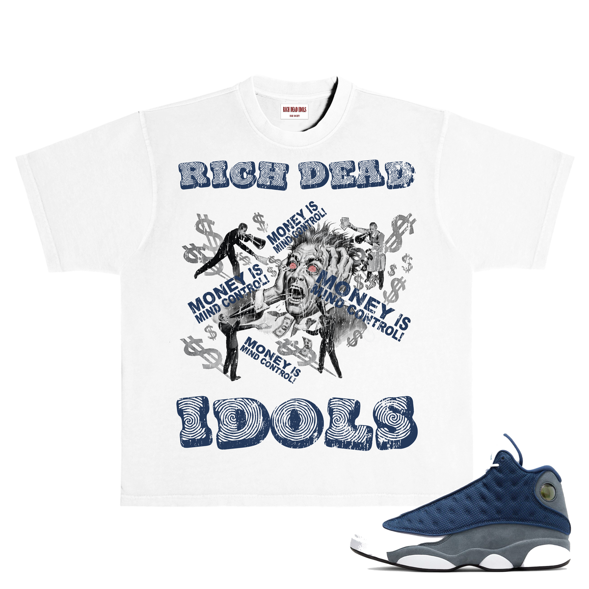 Rich Dead Idols Money Is Mind Control T-Shirt – White/Navy Blu