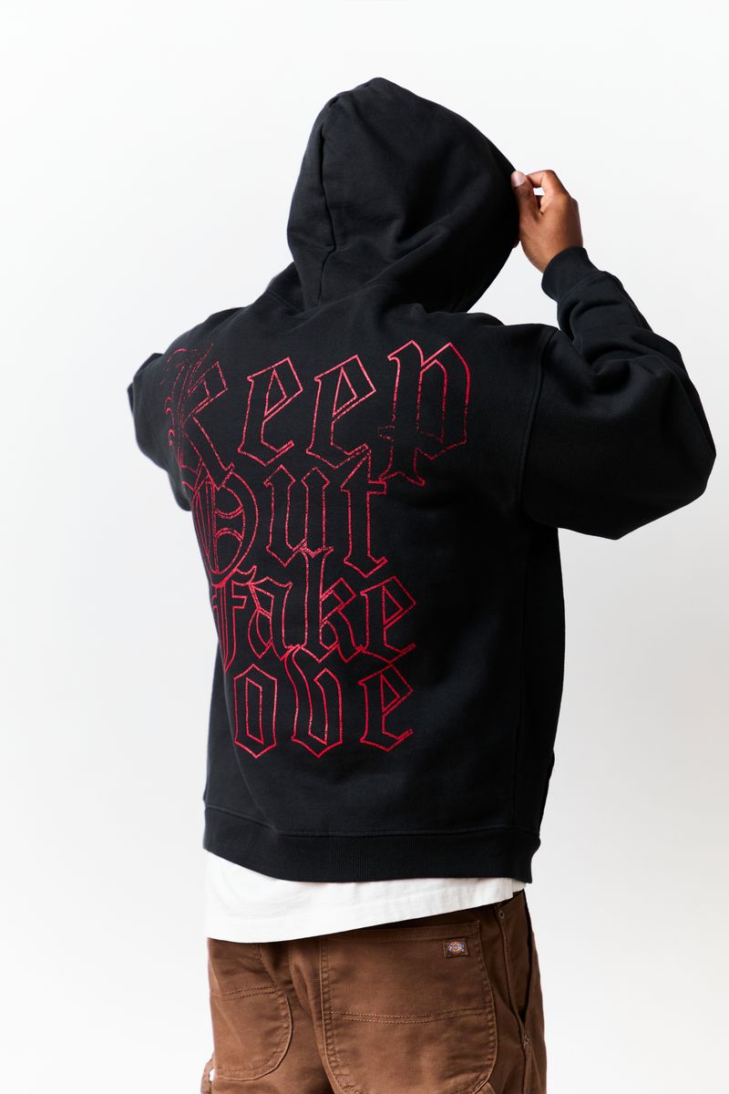 KEEP OUT FAKE LOVE UNI - JET BLACK - HOODIE - Screen Print + Embroidery + Appliqué