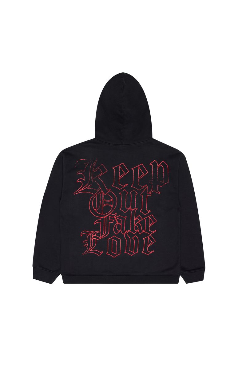 KEEP OUT FAKE LOVE UNI - JET BLACK - HOODIE - Screen Print + Embroidery + Appliqué