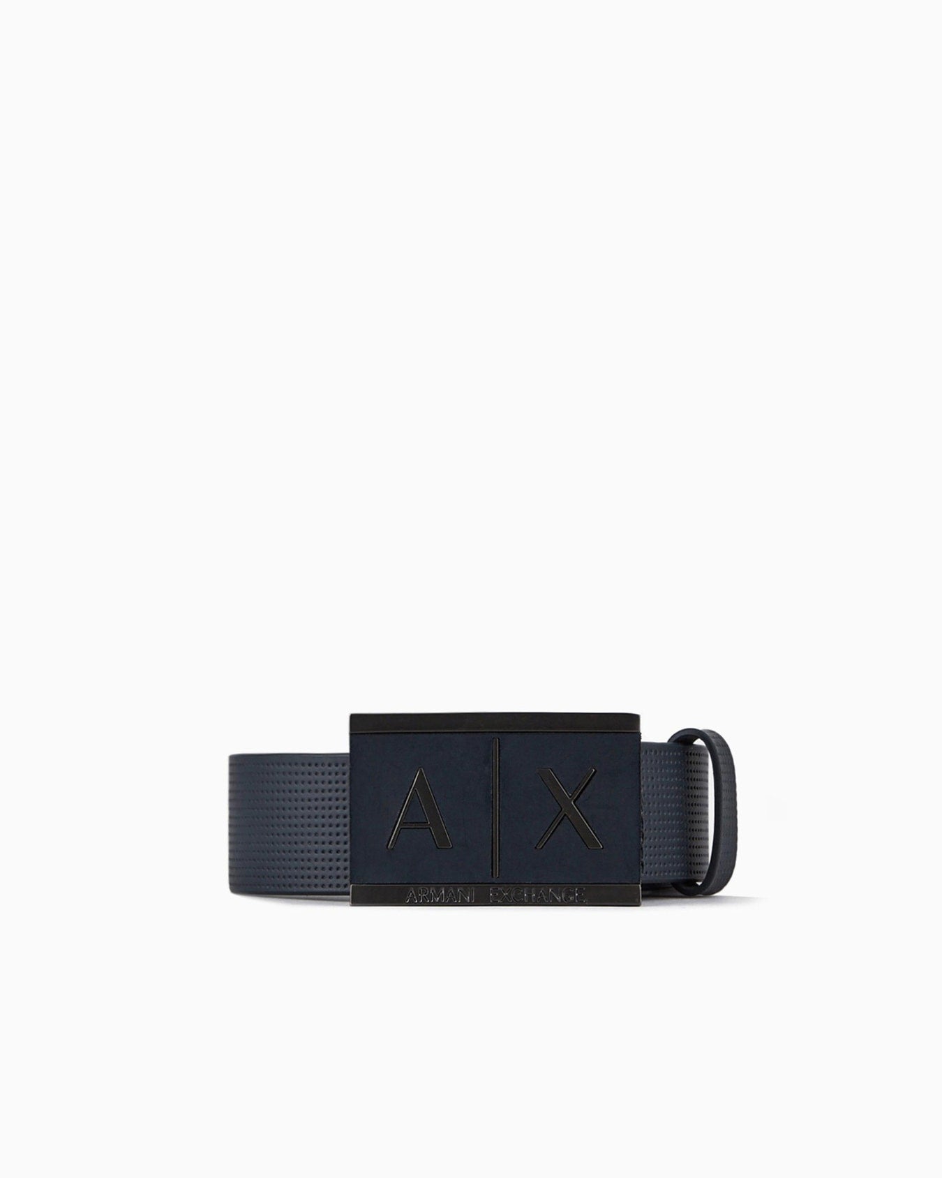 Armani Exchange NAVY LEATHER BELT WITH RECTANGULAR BUCKLE