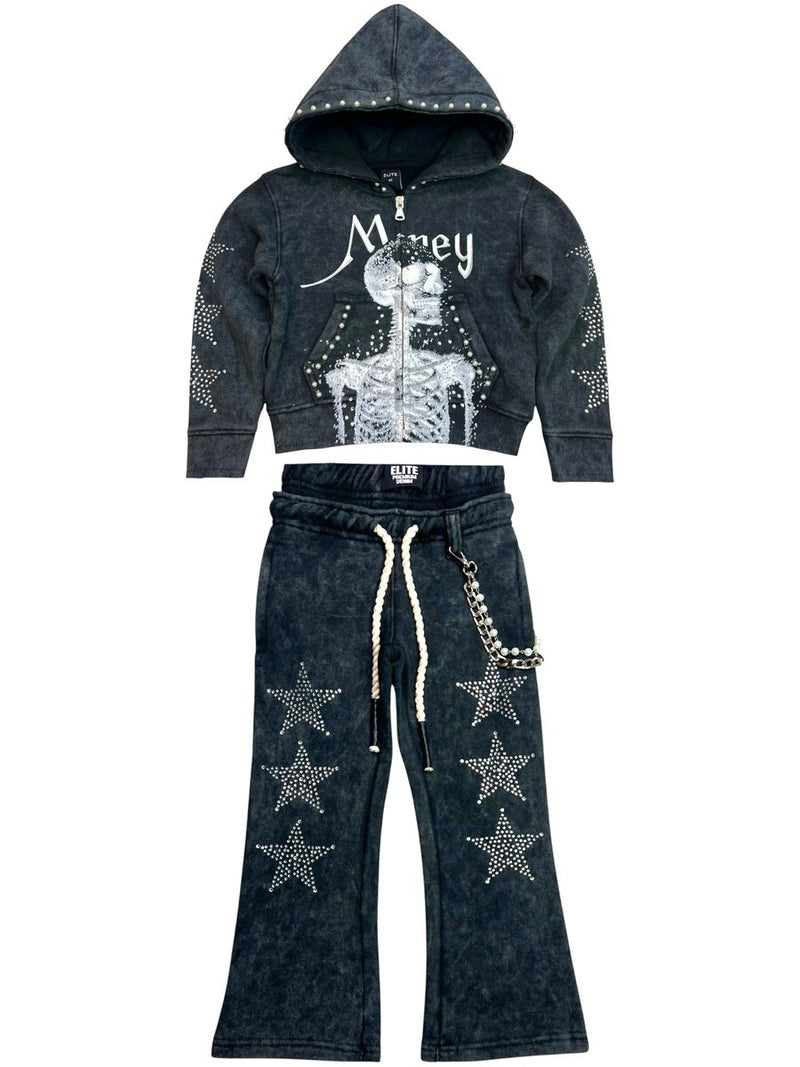 Elite – black skull rhinestone pearls premium kids fleece set