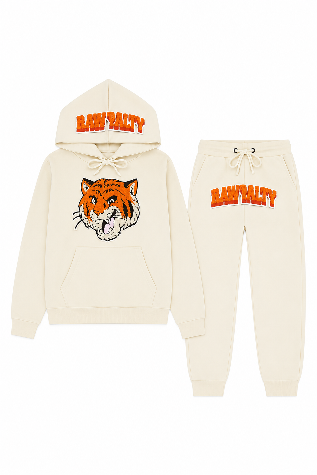 RAWALTY Tiger Chenille Embroidered Hoodie & Jogger Tracksuit Set Cream Iv