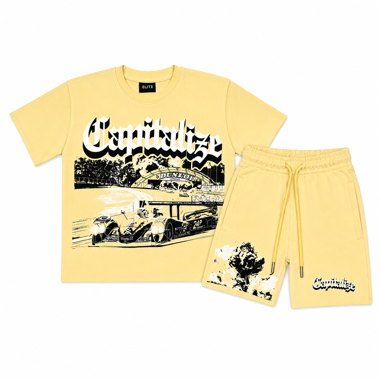 Elite Denim Kids Premium Capitalise Racing Graphic T-Shirt & Shorts Set – Butter Yellow