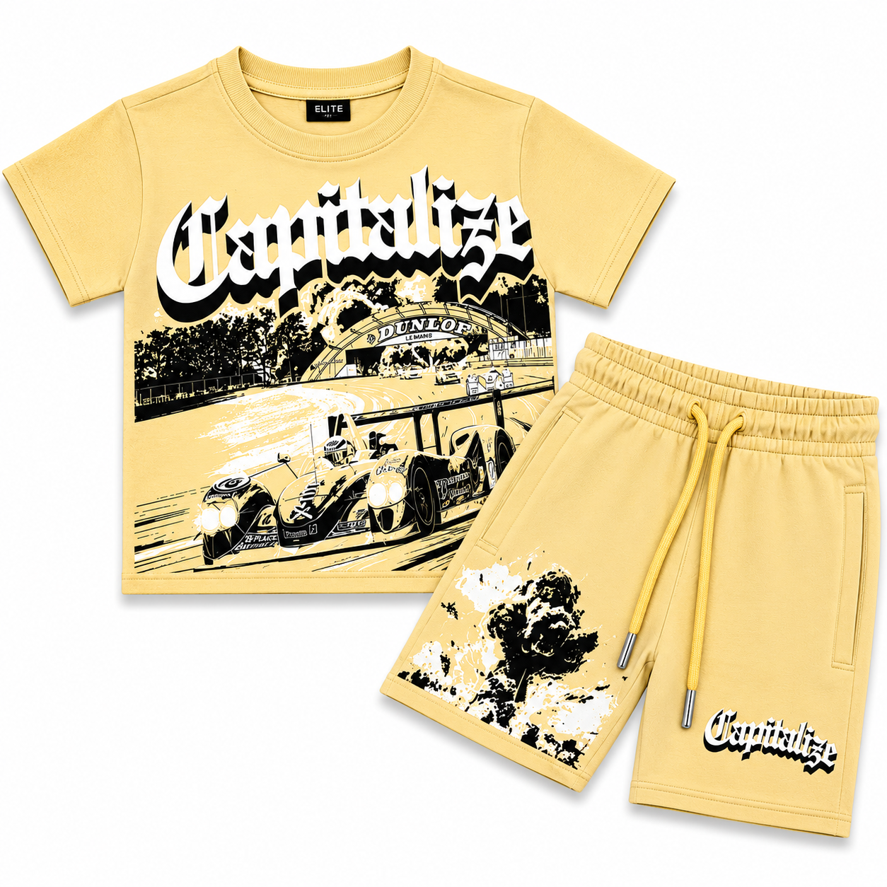 Elite Denim Kids Premium Capitalise Racing Graphic T-Shirt & Shorts Set – Butter Yellow
