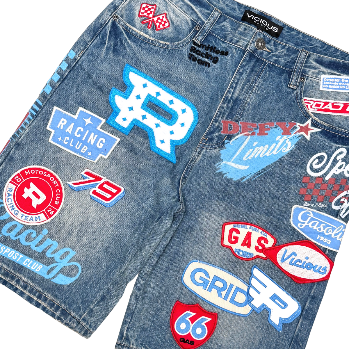 VICIOUS PATCHES PREMIUM DENIM SHORTS / ALL OVER