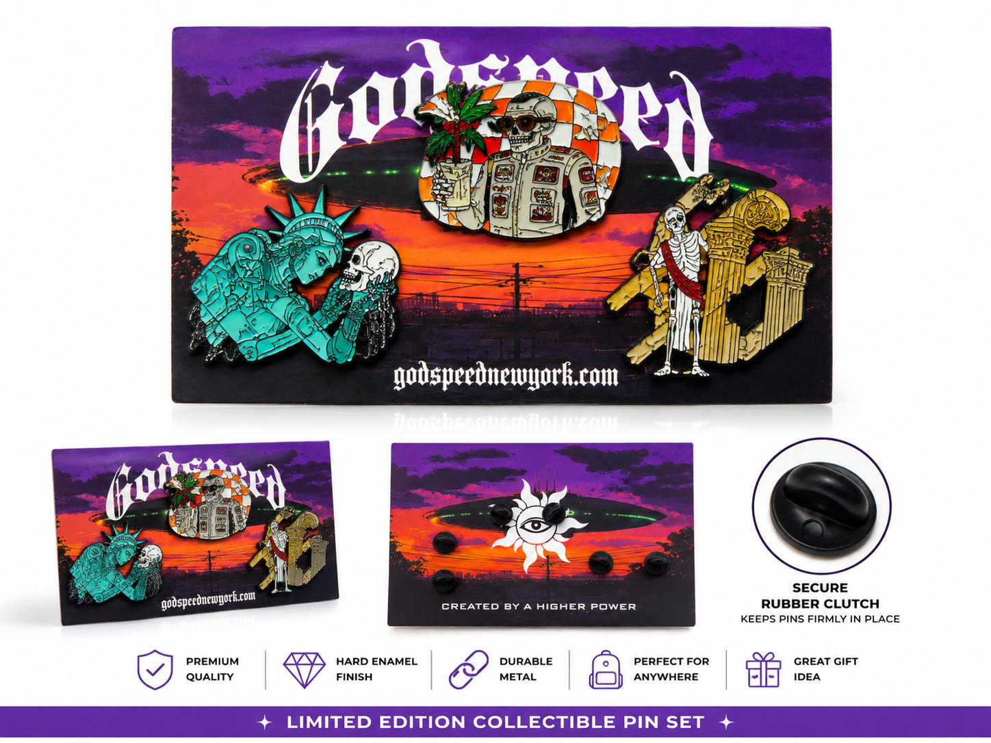 Godspeed 3-Piece Enamel Pin Set – Liberty, Skeleton & Roman Statue Collectible Pins