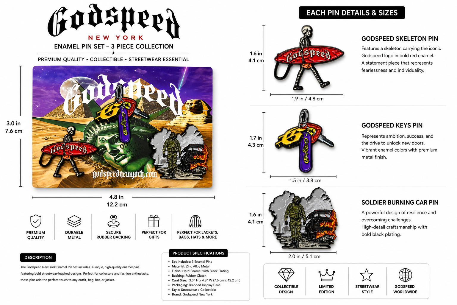 Godspeed New York Enamel Pin Set – 3 Collectible Streetwear Pins with Display Card