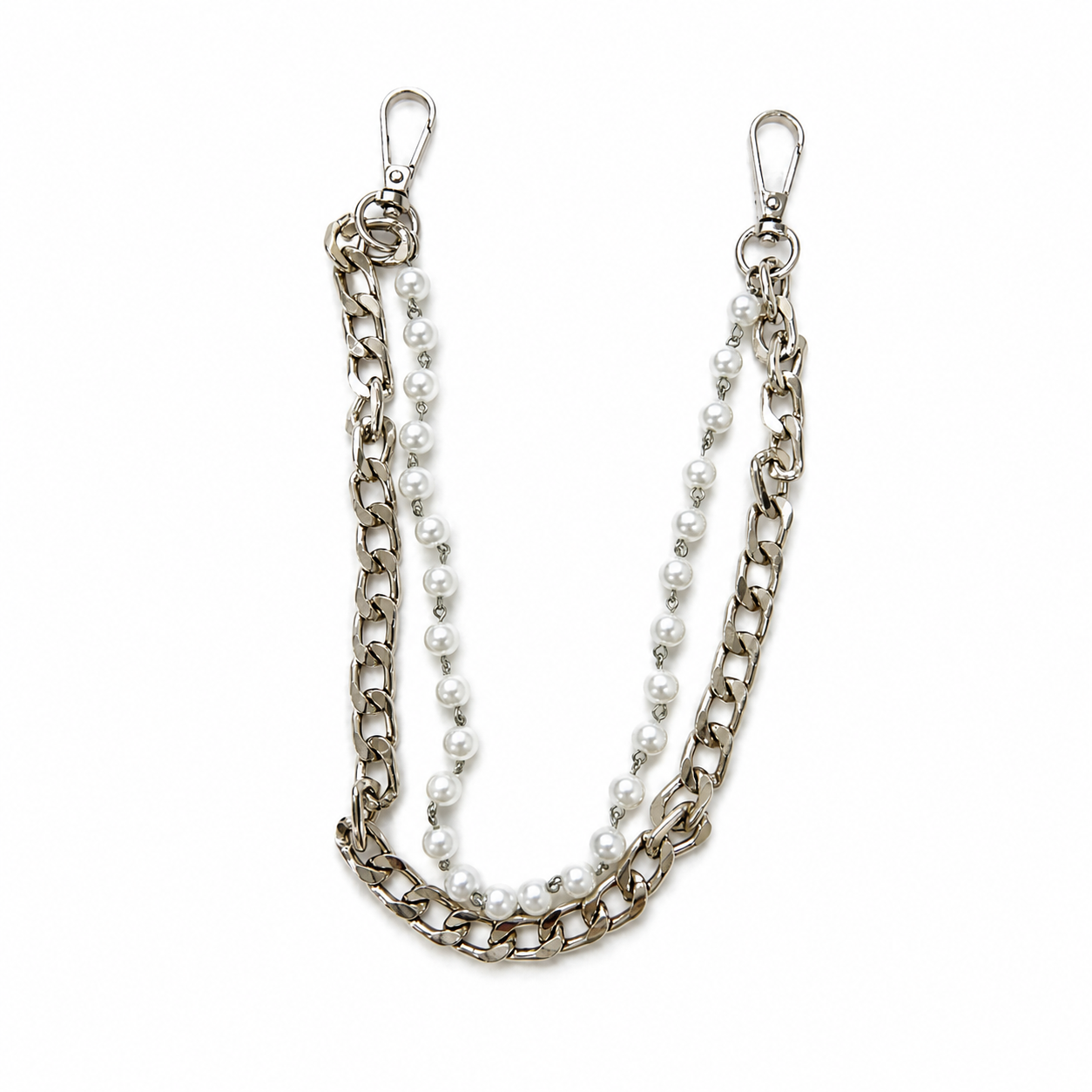 Elite Dual Chain & Pearl Pant Loop Chain – Silver – 15 Inch