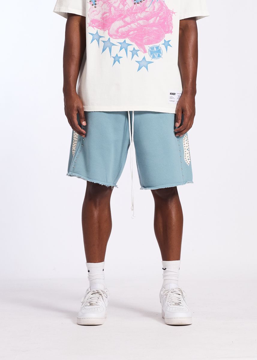 Memory Lane STUDDED FLEECE LONG SHORTS-SLATE BLUE