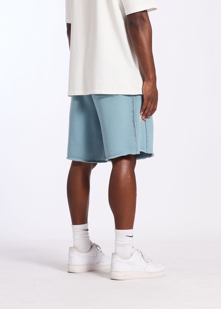Memory Lane STUDDED FLEECE LONG SHORTS-SLATE BLUE